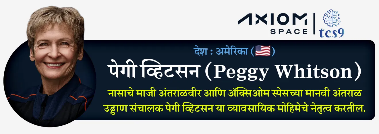1. पेगी व्हिटसन  Peggy Whitson :  (देश - अमेरिका)  : नासाचे माजी अंतराळवीर आणि अ‍ॅक्सिओम स्पेसच्या मानवी अंतराळ उड्डाण संचालक पेगी व्हिटसन या व्यावसायिक मोहिमेचे नेतृत्व करतील.