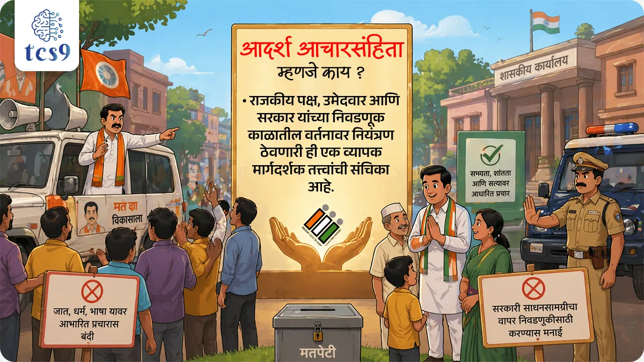 आदर्श आचार संहिता म्हणजे काय ?
What is Model Code of Conduct ?
📚 Subject : GS - राज्यशास्त्र, निवडणूक
सरळसेवा, तलाठी, वनरक्षक, पोलीस भरती, अग्निवीर , रेल्वे भरती, SSC GD, MPSC, UPSC परीक्षेसाठी विचारलेले / संभाव्य महत्त्वपूर्ण प्रश्न
प्रश्न) आदर्श आचार संहिता (Model Code of Conduct) कधी लागू होते ?
1. मतदानाच्या दिवशी
2. उमेदवारी अर्ज भरताना
3. निवडणुकीची घोषणा होताच
4. निकाल जाहीर झाल्यानंतर
उत्तर : निवडणुकीची घोषणा होताच
📰 बातमी काय ?
• भारतीय निवडणूक आयोगाने (ECI) 2026 च्या विधानसभा निवडणुकांच्या (आसाम, केरळ, तामिळनाडू, पश्चिम बंगाल आणि पुद्दुचेरी) घोषणांसोबतच 'आदर्श आचारसंहिता' लागू केली आहे.
• निवडणूक प्रक्रिया मुक्त, न्याय्य आणि पारदर्शक वातावरणात पार पडण्यासाठी ही एक नियमावली आहे.
🧐 आदर्श आचारसंहिता म्हणजे काय ?
• राजकीय पक्ष, उमेदवार आणि सरकार यांच्या निवडणूक काळातील वर्तनावर नियंत्रण ठेवणारी ही एक व्यापक मार्गदर्शक तत्त्वांची संचिका आहे.
उद्देश :
• निवडणूक प्रक्रियेचे पावित्र्य राखणे.
• निवडणूक प्रचारादरम्यान शांतता आणि सुव्यवस्था राखणे.
• सत्ताधारी पक्षाला सरकारी यंत्रणेचा किंवा संसाधनांचा गैरवापर करून अवाजवी फायदा मिळवण्यापासून रोखणे.
🏛️ वैधानिक आधार आणि अंमलबजावणी (Statutory Backing & Enforceability) :
• थेट कायदा नाही : आचारसंहिता हा कोणताही संसदेने संमत केलेला 'कायदा' नाही. हे सर्व राजकीय पक्षांच्या सहमतीने तयार झालेले एक 'नैतिक बंधन' आहे.
• संविधानिक अधिकार : भारतीय राज्यघटनेच्या कलम 324 अन्वये निवडणूक आयोगाला निवडणुकांचे 'अधीक्षण, दिग्दर्शन आणि नियंत्रण' करण्याचे अधिकार आहेत. याच अधिकाराचा वापर करून आयोग MCC लागू करतो.
• अप्रत्यक्ष कायदेशीर कारवाई : जरी आचारसंहिता स्वतः कायदा नसली, तरी त्यातील अनेक तरतुदी खालील कायद्यांनुसार गुन्हे ठरतात:
1) भारतीय न्याय संहिता, 2023 (पूर्वीचे IPC): लाचखोरी, धमकी आणि तोतयागिरीसाठी शिक्षा.
2) लोकप्रतिनिधी कायदा (RPA), 1951 : कलम 123 नुसार 'भ्रष्ट आचरण' (Corrupt Practices) अंतर्गत कारवाई केली जाते.
⏳ कालावधी (Duration) :
• सुरुवात: निवडणूक आयोगाने निवडणुकीचे वेळापत्रक पत्रकार परिषदेत जाहीर केल्याच्या क्षणाहून आचारसंहिता लागू होते.
• शेवट: निवडणुकीचे निकाल जाहीर झाल्यानंतर आचारसंहिता संपुष्टात येते.
🕰️ ऐतिहासिक उत्क्रांती (Evolution)
• 1960 (केरळ) : सर्वप्रथम केरळ विधानसभा निवडणुकीत राजकीय पक्षांच्या संमतीने प्रायोगिक तत्त्वावर याची सुरुवात झाली.
• 1962 (सार्वत्रिक निवडणुका) : पहिल्यांदाच व्यापक स्तरावर पक्षांनी याचे पालन केले.
• 1979 : निवडणूक आयोगाने अधिक व्यापक आणि सुधारित आचारसंहिता जाहीर केली.
• 1991 (टी. एन. शेषन काळ): तत्कालीन मुख्य निवडणूक आयुक्त टी. एन. शेषन यांनी आचारसंहितेची कडक अंमलबजावणी सुरू केली, ज्यामुळे तिला खऱ्या अर्थाने प्रतिष्ठा प्राप्त झाली.
🧐 आचारसंहितेतील प्रमुख निर्बंध (Key Restrictions) :
• सत्ताधारी पक्षासाठी : नवीन योजनांची घोषणा करणे, सरकारी खर्चाने जाहिराती देणे किंवा सरकारी वाहनांचा प्रचारासाठी वापर करणे यावर बंदी असते.
• भाषण आणि प्रचार : धार्मिक किंवा जातीय तेढ निर्माण करणारी विधाने करण्यास मनाई. तसेच प्रतिस्पर्धी उमेदवारांच्या खासगी आयुष्यावर टीका करण्यास बंदी.
• सभा आणि मिरवणुका : कोणतीही सभा किंवा मिरवणूक काढण्यापूर्वी स्थानिक पोलीस प्रशासनाची रीतसर परवानगी घेणे बंधनकारक असते.
✍️ निष्कर्ष (Conclusion) :
• आदर्श आचारसंहिता ही भारतीय लोकशाहीचा कणा आहे. ती केवळ नियम नसून, सत्तेचा गैरवापर रोखणारे एक प्रभावी साधन आहे.
• जरी तिला कायदेशीर संरक्षण नसले, तरी सर्वोच्च न्यायालयाने अनेक निकालांमध्ये निवडणूक आयोगाच्या या अधिकाराचे समर्थन केले आहे.
🔑 परीक्षेच्या दृष्टीने IMP रिव्हिजन पॉईंट्स : आदर्श आचारसंहिता (MCC)
• MCC लागू — निवडणूक घोषणा होताच
• कालावधी — घोषणा ते निकाल
• कायदेशीर स्वरूप — कायदा नाही (नैतिक आचारसंहिता)
• अधिकार — कलम 324
• सुरुवात — 1960 (केरळ)
• कडक अंमलबजावणी — 1991 (टी. एन. शेषन काळ)
• संबंधित कायदे — भारतीय न्याय संहिता, 2023 आणि लोकप्रतिनिधी कायदा (RPA), 1951
