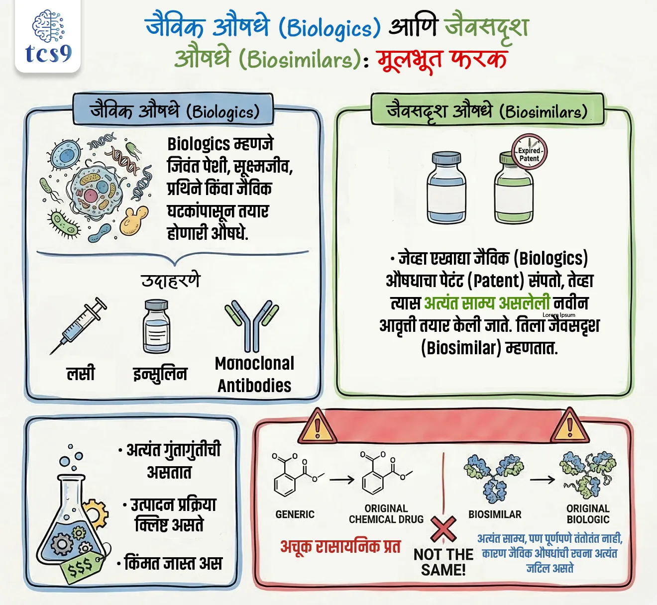 💊 Generic म्हणजे काय ?
• Generic औषध म्हणजे मूळ औषधाचा पेटंट (Patent) संपल्यानंतर तयार केलेली अचूक रासायनिक प्रत.
✍️ ही औषधे -
• रासायनिक प्रक्रियेतून तयार होतात
• तुलनेने स्वस्त असतात
• भारत या क्षेत्रात जागतिक अग्रणी आहे.
🧬 जैविक औषधे (Biologics) म्हणजे काय ?
• Biologics म्हणजे जिवंत पेशी, सूक्ष्मजीव, प्रथिने किंवा जैविक घटकांपासून तयार होणारी औषधे.
उदाहरणे: लसी, इन्सुलिन, Monoclonal antibodies (कर्करोग उपचारासाठी).
✍️ ही औषधे -
• अत्यंत गुंतागुंतीची असतात
• उत्पादन प्रक्रिया क्लिष्ट असते
• किंमत जास्त असते
🧪 जैवसदृश औषधांचे (Biosimilars) म्हणजे काय ?
• जेव्हा एखाद्या जैविक (Biologics) औषधाचा पेटंट (Patent) संपतो, तेव्हा त्यास अत्यंत साम्य असलेली नवीन आवृत्ती तयार केली जाते. तिला जैवसदृश (Biosimilar) म्हणतात.
(नोट : 🚨 Exam Trap लक्षात ठेवा - Biosimilar म्हणजे Generic नाही.)
• Generic = अचूक रासायनिक प्रत
• Biosimilar = अत्यंत साम्य, पण पूर्णपणे तंतोतंत नाही, कारण जैविक औषधांची रचना अत्यंत जटिल असते.