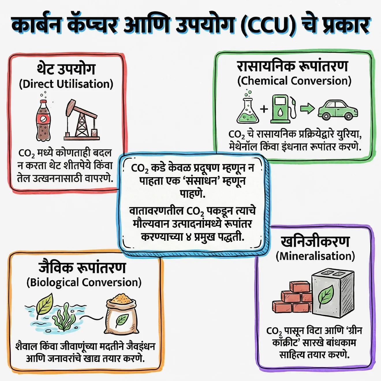 🤔 CCU चे प्रकार कोणते आहेत ?
• थेट उपयोग (Direct Utilisation): CO₂ चा थेट वापर (उदा. कार्बोनेटेड पेये, तेल उत्खनन)
• रासायनिक रूपांतरण (Chemical Conversion): CO₂ पासून रसायने किंवा इंधन तयार करणे (उदा. युरिया, मेथेनॉल)
• जैविक रूपांतरण (Biological Conversion): शैवाल/जीवाणूंच्या मदतीने CO₂ चे जैवउत्पादन जसे की जैवइंधन किंवा जनावरांचे खाद्य तयार करण्यासाठी.
• खनिजीकरण (Mineralisation): CO₂ ला खनिजांशी प्रतिक्रिया देऊन विटा किंवा ग्रीन काँक्रीट तयार करणे