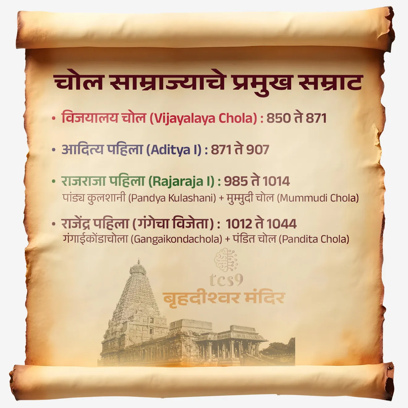 चोल साम्राज्याचे प्रमुख सम्राट :

विजयालय चोल (Vijayalaya Chola) : 850 ते 871
चोल साम्राज्याची स्थापना कोणी आणि केव्हा केली ? 
• चोल साम्राज्याची स्थापना विजयालय चोल यांनी केली.  
• चोल साम्राज्याचे संस्थापक विजयालय चोल (Vijayalaya Chola) यांनी 9 व्या शतकात इसवी सन 850 च्या सुमारास मुथरायर (Mutharaiyar) शासकांकडून तंजावर (Thanjavur) शहर काबीज करून चोल राजवंशाची स्थापना केली.


आदित्य पहिला (Aditya I) : 871 ते 907

• आदित्य पहिला त्याचे वडील विजयालय यांच्यानंतर गादीवर बसला आणि त्याने पल्लवांचा पराभव करून चोल प्रदेशाचा लक्षणीय विस्तार केला.
• त्याने पल्लव प्रदेश आपल्या ताब्यात घेतले, त्यांचा प्रभाव संपवला आणि दक्षिण भारतात चोल वर्चस्वाचा पाया रचला.

राजराजा पहिला (Rajaraja I) : 985 ते 1014

• राजराजा पहिला हा चोल साम्राज्यातील एक महान शासक होता. 
• त्याने साम्राज्याच्या सीमांचा लक्षणीय विस्तार केला, दक्षिण भारत, श्रीलंका आणि मालदीवमधील प्रदेश जिंकले आणि चोल साम्राज्याला सागरी शक्ती म्हणून स्थापित केले.
• 1010 मध्ये, राज राजा चोल यांनी तंजावरमध्ये भगवान शिव यांना समर्पित बृहदीश्वर मंदिर (Brihadeeswara temple) बांधले.

राजराजा पहिला यांनी कोणती पदवी (Titles) धारण केली होती ?  
• पांड्यांच्या पराभवानंतर राजराजा पहिला यांनी पांड्य कुलशानी (Pandya Kulashani) ही पदवी धारण केली, ज्याचा अर्थ पांड्यांच्या वंशासाठी वीज असा होतो.
• राजराज चोल यांनी  मुम्मुदी चोल (Mummudi Chola)  ही पदवी देखील धारण केली, ज्याचा अर्थ तीन मुकुट धारण करणारा चोल असा होतो.


राजेंद्र पहिला (Rajendra I) :  1012 ते 1044    

राजेंद्र पहिला हा कोणत्या चोल राजाचा मुलगा होता ? 
(SSC HSC 2022)
• राजेंद्र पहिला हा राजराजा पहिला या चोल राजाचा मुलगा होता.
• त्याच्या वडिलांनी सुरू केलेले श्रीलंकेवरील विजय पूर्ण करून राजेंद्र पहिला याने आपले साम्राज्य वाढवले.

कोणत्या चोल शासकाला 'गंगेचा विजेता' असे म्हटले जात असे ? 
(SSC CHSL 2020)
• राजेंद्र पहिला या चोल शासकाला 'गंगेचा विजेता' असे म्हटले जात असे
• चोल राजवंशाचा राजेंद्र पहिला राजाने बंगालचा महिपाल पहिला राजाचा पराभव केला. 
• राजेंद्र पहिलाचा विजय हा चोल साम्राज्याच्या उत्तर भारतात विस्तारातील एक महत्त्वाची घटना होती.
• त्याच्या विजयाच्या सन्मानार्थ राजेंद्र पहिला यांनी गंगाईकोंडचोलापुरम (Gangaikondacholapuram) शहराची स्थापना केली. 
• यशस्वी उत्तर-भारतीय मोहिमेचे स्मरण करण्यासाठी राजेंद्र पहिला याने "गंगाईकोंडाचोला" (Gangaikondachola) ही पदवी धारण केली.
• राजेंद्र पहिला राजाने आपल्या साम्राज्यात अनेक शैक्षणिक संस्था स्थापन केल्या, यासाठी त्याला पंडित चोल (Pandita Chola) ही पदवी मिळाली.
• राजेंद्र पहिला यांच्या कारकिर्दीत चोल साम्राज्याच्या नौदल वर्चस्वाचा आणि प्रादेशिक विस्ताराचा कळस गाठला गेला.
• त्याने आपल्या आरमाराच्या साहाय्याने जावा, सुमात्रा, मलाया द्वीपकल्प यांवर स्वारी करून तत्कालीन शैलेंद्रांच्या साम्राज्याचा विध्वंस केला. 
• अशा रीतीने तो उत्तरेस गंगेपासून दक्षिणेत श्रीलंकेपर्यंत आणि पूर्वेस मलाया द्वीपकल्पापर्यंत पसरलेल्या विशाल साम्राज्याचा अधिपती झाला.