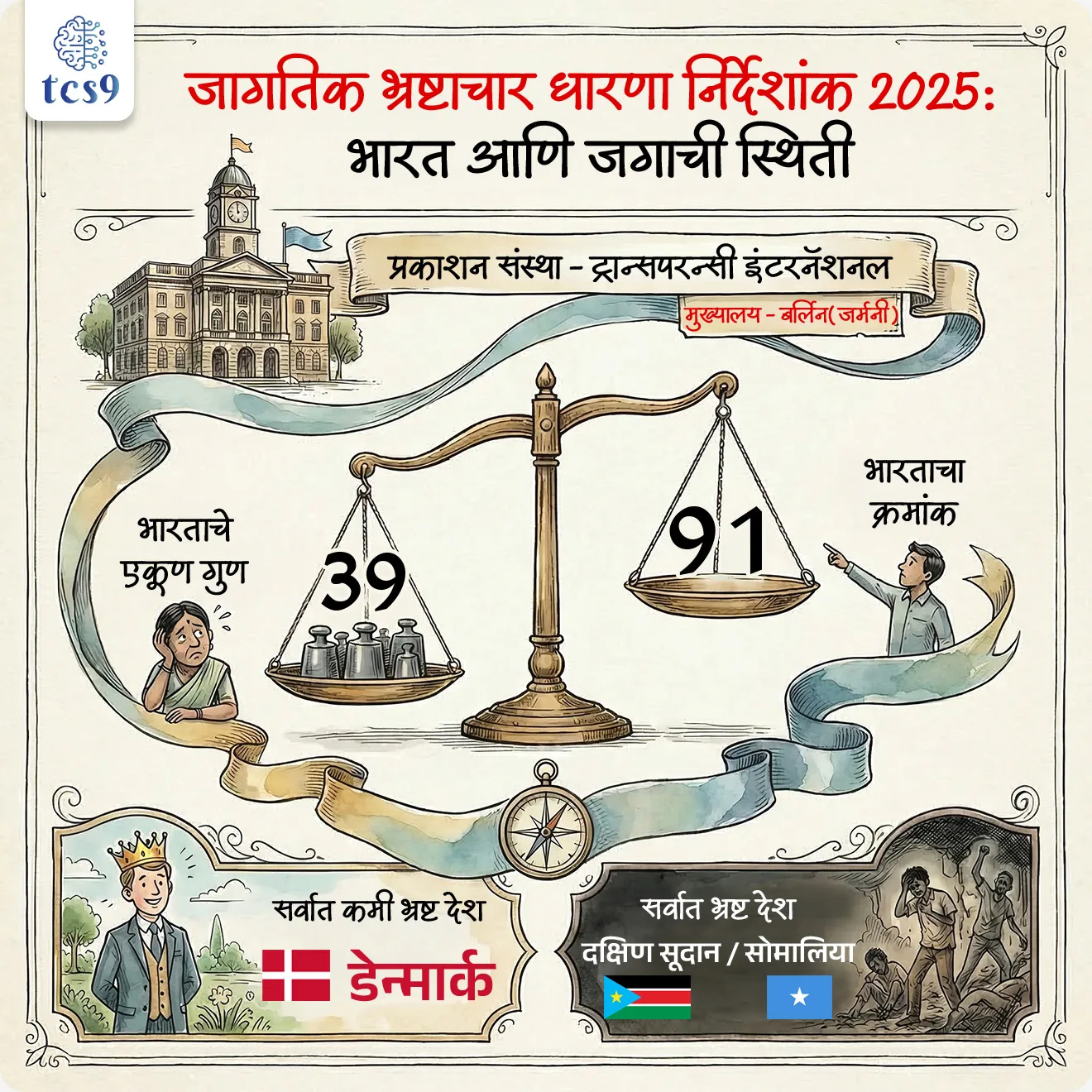 बातमी काय ?

• नुकताच ट्रान्सपरन्सी इंटरनॅशनल या संस्थेने भ्रष्टाचार धारणा निर्देशांक (CPI) 2025 प्रकाशित केला. 
• या अहवालात 182 देशांमधील सार्वजनिक क्षेत्रातील भ्रष्टाचाराची पातळी मोजण्यात आली आहे. 

भ्रष्टाचार धारणा निर्देशांक 2025 मध्ये भारताचा  क्रमांक कितवा ?
(Corruption Perceptions Index – CPI)

• या निर्देशांकात भारताचा क्रमांक 91 वा असून भारताला 39 गुण मिळाले आहेत. 
• मागील वर्षी भारताचा क्रमांक 96 वा होता, त्यामुळे भारताची स्थिती थोडी सुधारली आहे.  ￼

भ्रष्टाचार धारणा निर्देशांक (CPI) म्हणजे काय ?
• भ्रष्टाचार धारणा निर्देशांक हा जगातील विविध देशांमधील सार्वजनिक क्षेत्रातील भ्रष्टाचाराची धारणा (Perception) मोजणारा जागतिक निर्देशांक आहे.
• या निर्देशांकात तज्ञांचे सर्वेक्षण, व्यावसायिक संस्थांचे अहवाल आणि विविध डेटा स्रोतांच्या आधारे देशांना गुण दिले जातात. 
• हा निर्देशांक ट्रान्सपरन्सी इंटरनॅशनल ही संस्था दरवर्षी प्रकाशित करते.  ￼

गुणांकन पद्धती :
• CPI मध्ये देशांना 0 ते 100 या स्केलवर गुण दिले जातात.
1. 0 गुण : अत्यंत भ्रष्ट देश
2. 100 गुण : अत्यंत स्वच्छ प्रशासन
✍️ ज्या देशाला जास्त गुण मिळतात तो देश कमी भ्रष्ट मानला जातो.  ￼

CPI 2025 नुसार सर्वात कमी 3 भ्रष्ट देश :
• डेन्मार्क – 89 गुण (सलग 8 वर्षे पहिला क्रमांक)
• फिनलँड
• सिंगापूर
✍️ हे देश पारदर्शक प्रशासन व मजबूत संस्थांसाठी प्रसिद्ध आहेत.  ￼


CPI 2025 नुसार सर्वात जास्त 3 भ्रष्ट देश :
• दक्षिण सूदान – 9 गुण
• सोमालिया – 9 गुण
• व्हेनेझुएला – 10 गुण
✍️ यामागे प्रामुख्याने राजकीय अस्थिरता, संघर्ष आणि कमजोर प्रशासन कारणीभूत आहेत.  ￼


CPI 2025 नुसार भारत - शेजारील देश आणि दक्षिण आशियातील देशांची स्थिती :

• भूतान – 18 वा (71 गुण)
• चीन – 76 वा
• भारत – 91 वा (39 गुण)
• मालदीव – 91 वा
• श्रीलंका – 107 वा
• नेपाळ – 109 वा
• पाकिस्तान – 136 वा
• बांगलादेश – 150 वा
✍️ यावरून भारताची स्थिती दक्षिण आशियातील अनेक देशांपेक्षा चांगली असली तरी भूतान व चीनपेक्षा मागे आहे.  ￼

🧐 भ्रष्टाचार धारणा निर्देशांक कोणत्या संस्थेद्वारे प्रकाशित केला जातो ? 

• भ्रष्टाचार धारणा निर्देशांक (CPI) हा निर्देशांक ट्रान्सपरन्सी इंटरनॅशनल (Transparency International) या जागतिक नागरी संस्थेद्वारे दरवर्षी प्रकाशित केला जातो. 
• स्थापना : 1993
• मुख्यालय : बर्लिन (जर्मनी)

🔑 परीक्षेच्या दृष्टीने IMP रिव्हिजन पॉईंट्स : भ्रष्टाचार धारणा निर्देशांक (CPI)

• प्रकाशन संस्था — ट्रान्सपरन्सी इंटरनॅशनल
• मुख्यालय — बर्लिन (जर्मनी)
• 2025 — भारताचा क्रमांक 91, गुण 39
• सर्वात कमी भ्रष्ट देश — डेन्मार्क
• सर्वात भ्रष्ट देश — दक्षिण सूदान / सोमालिया