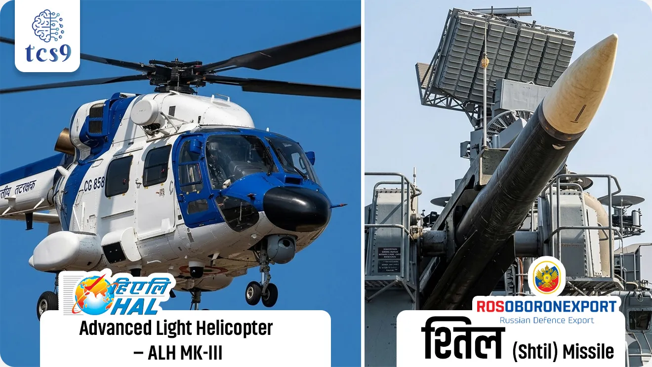 🧐 हे संरक्षण करार कोणासोबत झाले ?
1) हिंदुस्तान एरोनॉटिक्स लिमिटेड : या करारांतर्गत भारतीय तटरक्षक दलासाठी 6 प्रगत हलकी हेलिकॉप्टर (Advanced Light Helicopter – ALH Mk-III) खरेदी करण्यात येणार आहेत.
• ही हेलिकॉप्टर Hindustan Aeronautics Limited या भारतीय कंपनीकडून घेतली जाणार आहेत.
2) रशिया : तसेच, भारतीय नौदलासाठी श्तिल (Shtil) हवाई संरक्षण क्षेपणास्त्र प्रणाली खरेदीसाठी रशियाच्या जेएससी रोसोबोरोन एक्सपोर्ट सोबतही (JSC Rosoboronexport) करार करण्यात आला आहे.