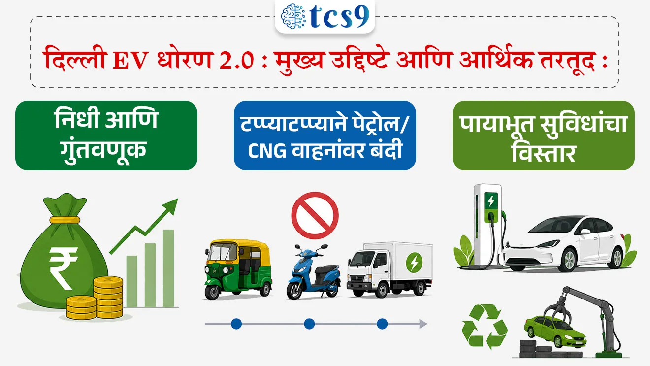 Delhi EV Policy 2.0
📚 Subject : GS - सरकारी योजना - उपक्रम, पर्यावरण
सरळसेवा, तलाठी, वनरक्षक, पोलीस भरती, अग्निवीर , रेल्वे भरती, SSC GD, MPSC, UPSC परीक्षेसाठी विचारलेले / संभाव्य महत्त्वपूर्ण प्रश्न
प्रश्न) दिल्ली सरकारने लागू केलेल्या 'दिल्ली इलेक्ट्रिक वाहन धोरण 2.0' (EV Policy 2.0) कोणत्या तारखेपर्यंत लागू असेल ?
1 जुलै 2026 ते 31 मार्च 2030
1 डिसेंबर 2026 ते 31 डिसेंबर 2030
1 जानेवारी 2027 ते 31 डिसेंर 2028
1 जानेवारी 2027 ते 31 डिसेंर 2030
उत्तर : 1 जुलै 2026 ते 31 मार्च 2030
📰 बातमी काय ?
• दिल्ली कॅबिनेटने 'दिल्ली इलेक्ट्रिक वाहन धोरण 2.0' (Delhi EV Policy 2.0) या महत्त्वाकांक्षी धोरणाला मंजुरी दिली आहे.
• हे धोरण 1 जुलै 2026 पासून लागू होऊन 31 मार्च 2030 पर्यंत अंमलबजावणीत राहील.
• दिल्लीला 2030 पर्यंत प्रदूषणमुक्त शहर बनवणे हे या धोरणाचे मुख्य उद्दिष्ट आहे.
🧐 दिल्ली EV धोरण 2.0 : मुख्य उद्दिष्टे आणि आर्थिक तरतूद :
1) निधी आणि गुंतवणूक -
• पुढील 4 वर्षांत ई-मोबिलिटीला चालना देण्यासाठी 15,000 कोटी रुपये गुंतवण्याची योजना आखण्यात आली आहे.
2) टप्प्याटप्प्याने पेट्रोल/CNG वाहनांवर बंदी -
• थ्री-व्हीलर्स (ऑटो रिक्षा) - 1 जानेवारी 2027 पासून दिल्लीत फक्त इलेक्ट्रिक ऑटो रिक्षांचीच (E-Rickshaws/E-Autos) नवीन नोंदणी होईल. नवीन पेट्रोल आणि CNG ऑटो रिक्षांची नोंदणी पूर्णपणे बंद केली जाईल.
• टू-व्हीलर्स (दुचाकी) - 1 एप्रिल 2028 पासून नवीन पेट्रोल आणि CNG दुचाकींची नोंदणी बंद केली जाईल आणि केवळ इलेक्ट्रिक दुचाकी नोंदणीकृत केल्या जातील.
• N1 श्रेणीतील व्यावसायिक वाहने (लहान मालवाहू ट्रक) - 1 जानेवारी 2027 पासून केवळ इलेक्ट्रिक N1 मालवाहू वाहनांना नोंदणीची परवानगी असेल.
3) पायाभूत सुविधांचा विस्तार - चार्जिंग स्टेशनचे जाळे विस्तारणे आणि जुनी वाहने स्क्रॅप (Scrapping Facilities) करण्याची यंत्रणा अधिक मजबूत करणे यावर भर दिला जाईल.
🤔 आर्थिक सवलती, अनुदाने आणि स्क्रॅपिंग इन्सेंटिव्ह (Incentives) :
1) रोड टॅक्स आणि नोंदणी शुल्क सवलत -
• 30 लाख रुपयांपर्यंतच्या बॅटरी इलेक्ट्रिक वाहनांना (BEVs) रोड टॅक्स आणि नोंदणी शुल्कात 100% सूट दिली जाईल.
• हायब्रिड वाहनांबाबत धोरण - अंतिम मंजूर धोरणात हायब्रिड (Hybrid) वाहनांना कोणत्याही प्रकारची करसवलत किंवा सबसिडी नाकारण्यात आली असून संपूर्ण निधी केवळ शुद्ध इलेक्ट्रिक वाहनांवर (Pure BEVs) केंद्रित केला जाईल.
2) खरेदी अनुदान (Purchase Subsidies) :
• इलेक्ट्रिक दुचाकी - पहिल्या वर्षी 30,000 रुपये, दुसऱ्या वर्षी 20,000 रुपये आणि तिसऱ्या वर्षी 10,000 रुपये अनुदान मिळेल.
• इलेक्ट्रिक थ्री-व्हीलर्स - पहिल्या वर्षी 50,000 रुपये, दुसऱ्या वर्षी 40,000 रुपये आणि तिसऱ्या वर्षी 30,000 रुपये अनुदान दिले जाईल.
• N1 मालवाहू ट्रक - खरेदीदारांना पहिल्या वर्षी 1 लाख रुपयांपर्यंतचे एकरकमी अनुदान मिळेल.
3) व्हीकल स्क्रॅपिंग सवलत (Scrapping Incentive):
• BS-IV किंवा त्यापेक्षा जुन्या मानकांची वाहने स्क्रॅप करून इलेक्ट्रिक वाहने खरेदी करणाऱ्या चारचाकी मालकांना 1 लाख रुपये स्क्रॅपिंग प्रोत्साहन निधी दिला जाईल.
• दुचाकींसाठी 10,000 रुपये व थ्री-व्हीलर्ससाठी 25,000 रुपये सवलत असेल.
🔑 परीक्षेच्या दृष्टीने IMP रिव्हिजन पॉईंट्स : Delhi EV Policy 2.0
• दिल्ली EV धोरण 2.0 कालावधी → 1 जुलै 2026 ते 31 मार्च 2030
• मुख्य उद्दिष्ट → दिल्लीला 2030 पर्यंत प्रदूषणमुक्त शहर बनवणे
• पुढील 4 वर्षांतील गुंतवणूक → 15,000 कोटी रुपये
• CNG/पेट्रोल ऑटो नोंदणी पूर्ण बंद → 1 जानेवारी 2027 पासून
• CNG/पेट्रोल दुचाकी नोंदणी पूर्ण बंद → 1 एप्रिल 2028 पासून
Delhi EV Policy 2.0, government scheme for electric vehicles, Key Provisions of Delhi Electric Vehicle Policy 2.0?, What is Delhi EV Policy 2026?, hybrid vehicles eligible for subsidy under the policy, government scheme, Sarkari yojna,
प्रश्न) दिल्ली सरकारने लागू केलेल्या 'दिल्ली इलेक्ट्रिक वाहन धोरण 2.0' (EV Policy 2.0) कोणत्या तारखेपर्यंत लागू असेल ?
1 जुलै 2026 ते 31 मार्च 2030
1 डिसेंबर 2026 ते 31 डिसेंबर 2030
1 जानेवारी 2027 ते 31 डिसेंर 2028
1 जानेवारी 2027 ते 31 डिसेंर 2030
उत्तर : 1 जुलै 2026 ते 31 मार्च 2030
प्रश्न) 'दिल्ली इलेक्ट्रिक वाहन धोरण 2.0' (EV Policy 2.0) बाबत खालील विधाने विचारात घ्या:
अ) हे धोरण 1 जुलै 2026 पासून लागू होणार असून 31 मार्च 2030 पर्यंत अमलात राहील.
ब) या धोरणांतर्गत 30 लाख रुपयांपर्यंतच्या हायब्रिड (Hybrid) वाहनांना रोड टॅक्समध्ये 50% सवलत देण्यात आली आहे.
वरीलपैकी कोणते/कोणती विधान/विधाने बरोबर आहे/आहेत?
1. फक्त अ
2. फक्त ब
3. अ आणि ब दोन्ही बरोबर
4. अ आणि ब दोन्ही चूक
उत्तर : फक्त अ
✅ विधान अ बरोबर आहे: दिल्ली कॅबिनेटने मंजूर केलेले EV धोरण 2.0 हे 1 जुलै 2026 ते 31 मार्च 2030 या कालावधीत लागू राहील.
❌ विधान ब चुकीचे आहे - प्रारंभी हायब्रिड वाहनांना 50% सवलतीचा प्रस्ताव होता, परंतु अंतिम धोरणात हायब्रिड वाहनांना कोणतीही करसवलत दिलेली नाही. सर्व सवलती केवळ pure इलेक्ट्रिक वाहनांसाठी (BEVs) आहेत.