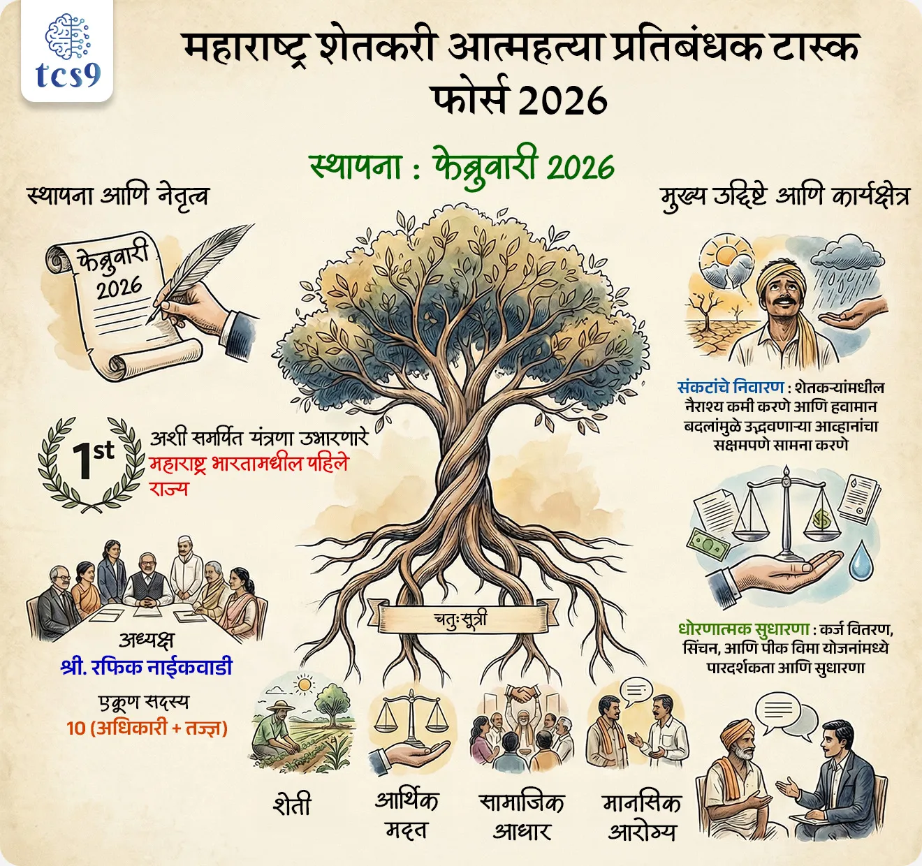 बातमी काय ?
• फेब्रुवारी २०२६ मध्ये महाराष्ट्र सरकारने राज्यातील शेतकरी आत्महत्या रोखण्यासाठी एक विशेष राज्यस्तरीय टास्क फोर्स (कृती दल) स्थापन करण्याचा महत्त्वपूर्ण निर्णय घेतला आहे.
• अशी समर्पित यंत्रणा उभी करणारे महाराष्ट्र हे देशातील पहिले राज्य ठरले आहे.
या टास्क फोर्सची मुख्य वैशिष्ट्ये :
• सर्वसमावेशक दृष्टिकोन : हे कृती दल केवळ आर्थिक मदतीवर लक्ष केंद्रित न करता शेतकऱ्यांच्या मानसिक आरोग्य, सामाजिक स्थिती, आर्थिक स्थैर्य आणि हवामान बदलामुळे निर्माण होणाऱ्या आपत्तींचा एकत्रित विचार करणार आहे.
या टास्क फोर्सचा प्रमुख उद्देश :
• शेतकऱ्यांमधील नैराश्य आणि भीती दूर करणे.
• हवामान बदलाच्या धोक्यांना तोंड देण्यासाठी धोरणात्मक पावले उचलणे.
• कर्ज वाटप यंत्रणा, सिंचन व्यवस्था आणि पीक विमा यांमध्ये सुधारणा सुचवणे.
• जिल्हा स्तरावर समुपदेशन केंद्रे चालवून शेतकऱ्यांना मानसिक आधार देणे.
टास्क फोर्सची रचना (Structure) :
• या कृती दलात एकूण १० सदस्यांचा समावेश असून यामध्ये सरकारी अधिकारी आणि विषय तज्ज्ञांचा मेळ घालण्यात आला आहे.
• अध्यक्ष : श्री. रफिक नाईकवाडी (संचालक - कृषी, विस्तार व प्रशिक्षण विभाग)
अंमलबजावणी आणि कार्यपद्धती (Implementation) :
• या टास्क फोर्सची अंमलबजावणी केवळ कागदावर मर्यादित न राहता ती जिल्हा आणि स्थानिक स्तरावर राबवण्याचे नियोजन आहे.
नाशिक पॅटर्नचा आधार :
• कृषी आयुक्त श्री. सूरज मांढरे यांनी 2019 मध्ये नाशिक जिल्ह्यात राबवलेल्या यशस्वी प्रयोगाच्या धर्तीवर या राज्यस्तरीय टास्क फोर्सची रचना करण्यात आली आहे.
• नाशिकमध्ये अशा उपक्रमांमुळे आत्महत्यांचे प्रमाण लक्षणीयरीत्या कमी झाले होते.
एकात्मिक दृष्टिकोन (Four-Pillar Approach):
• अंमलबजावणी करताना शेती, आर्थिक मदत, सामाजिक आधार आणि मानसिक आरोग्य या चतुःसूत्रीचा वापर केला जाणार आहे.
स्थानिक नियोजन :
• हे दल जिल्हा स्तरावर स्थानिक कृती आराखडे (Local-level action plans) तयार करून ते प्रादेशिक योजनांशी जोडण्याचे काम करेल.
समन्वय :
• हा टास्क फोर्स विविध सामाजिक संस्था (NGOs) आणि निमशासकीय संस्थांशी समन्वय साधून प्रत्यक्ष जमिनीवर उपाययोजनांची अंमलबजावणी सुनिश्चित करेल.
🔑 परीक्षेच्या दृष्टीने IMP रिव्हिजन पॉईंट्स :
• फेब्रुवारी 2026 – महाराष्ट्रात शेतकरी आत्महत्या रोखण्यासाठी राज्यस्तरीय टास्क फोर्स स्थापन
• अशी समर्पित यंत्रणा उभारणारे - महाराष्ट्र भारतामधील पहिले राज्य
• अध्यक्ष – श्री. रफिक नाईकवाडी
• एकूण सदस्य – 10 (अधिकारी + तज्ज्ञ)
• मुख्य उद्देश – नैराश्य कमी करणे, हवामान बदलाशी सामना, कर्ज–सिंचन–पीक विमा सुधारणा
• चतुःसूत्री – शेती + आर्थिक मदत + सामाजिक आधार + मानसिक आरोग्य