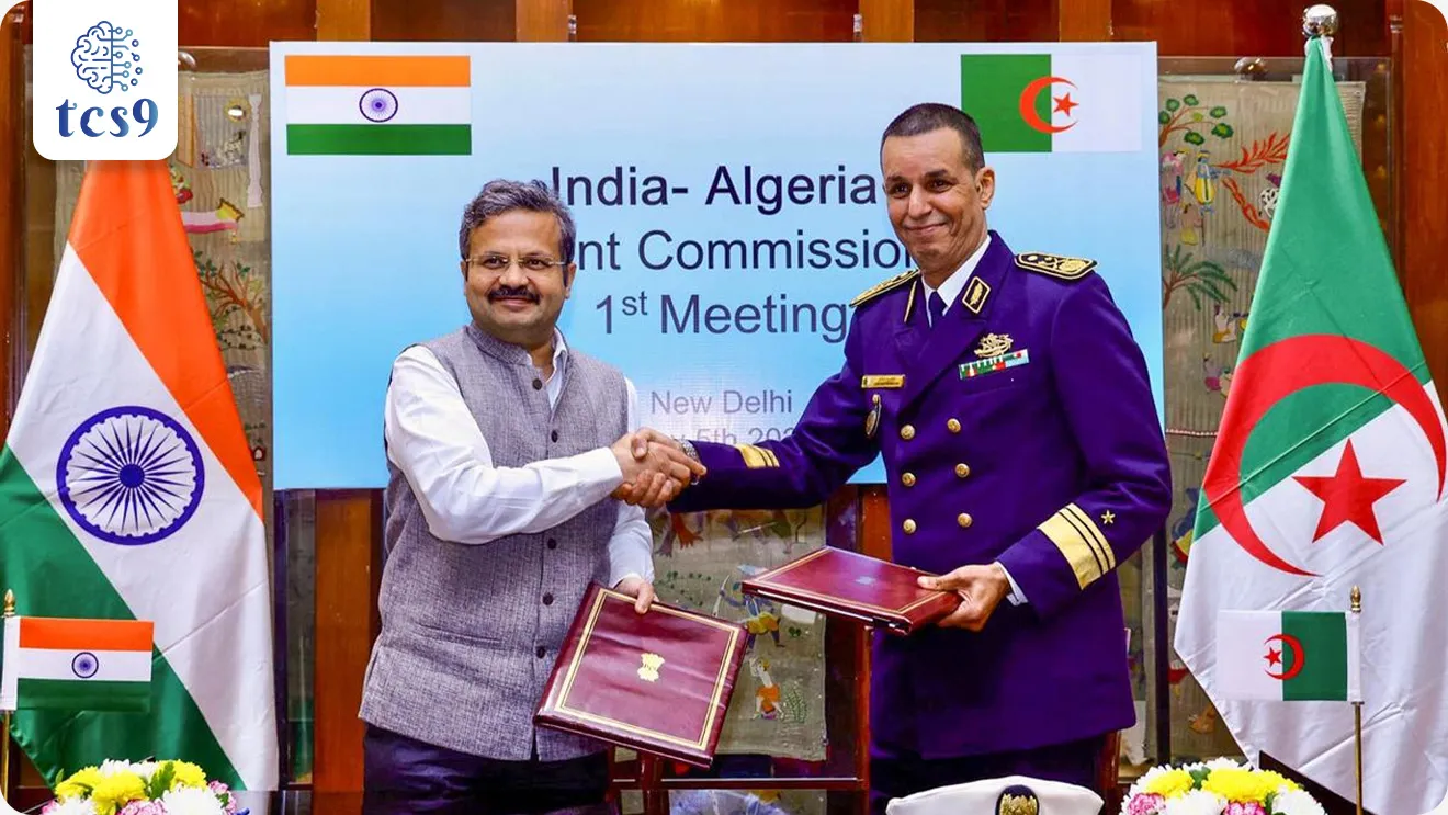भारत-अल्जेरिया संरक्षण सहकार्य
India–Algeria Defence Cooperation

📚 Subject : GS - भूगोल

सरळसेवा, तलाठी, वनरक्षक, पोलीस भरती, अग्निवीर , रेल्वे भरती, SSC GD, MPSC, UPSC परीक्षेसाठी विचारलेले / संभाव्य महत्त्वपूर्ण  प्रश्न

प्रश्न) भारतासोबत झालेल्या पहिल्या ऐतिहासिक संरक्षण सहकार्य बैठकीमुळे चर्चेत आलेला 'अल्जीरिया' हा देश खालीलपैकी कोणत्या खंडातील क्षेत्रफळाने सर्वात मोठा देश आहे ?
आशिया
आफ्रिका
युरोप
दक्षिण अमेरिका
 
उत्तर : आफ्रिका


📰 बातमी काय ?
भारत आणि अल्जीरिया दरम्यान पहिली 'संयुक्त संरक्षण सहकार्य आयोग' (Joint Commission on Defence Cooperation) बैठक नवी दिल्ली येथे पार पडली. 
2024 मध्ये दोन्ही देशांनी स्वाक्षरी केलेल्या 'संरक्षण सामंजस्य कराराच्या' (Defence MoU) अंमलबजावणीच्या दृष्टीने हे एक मोठे पाऊल आहे.
 नियम पुस्तिका (Rules of Procedure) - भविष्यकाळातील संरक्षण धोरणे आणि आराखडा अधिक सुलभ करण्यासाठी दोन्ही देशांनी अधिकृत 'नियम पुस्तिकेवर' स्वाक्षरी केली आहे.

🧐 बैठकीतील मुख्य चर्चेचे मुद्दे  : 
या बैठकीत दोन्ही देशांनी खालील 4 प्रमुख क्षेत्रांमध्ये सहकार्य वाढवण्यावर भर दिला आहे:
 लष्करी प्रशिक्षण (Military Training) - दोन्ही देशांच्या सैनिकांना प्रगत प्रशिक्षण देणे.
 संयुक्त सराव (Joint Exercises) -  दोन्ही देशांच्या संरक्षण दलांमध्ये ताळमेळ वाढवण्यासाठी युद्धसराव आयोजित करणे.
 संरक्षण उद्योग सहकार्य - दोन्ही देशांमधील संरक्षण निर्मिती आणि तंत्रज्ञान देवाणघेवाण वाढवणे.
 वैद्यकीय सहकार्य - लष्करी वैद्यकीय क्षेत्रात (Medical Cooperation) एकमेकांना मदत करणे.

🌍 अल्जेरिया देशाबद्दल भौगोलिक माहिती (Static GK - भूगोल):

 स्थान - अल्जीरिया हा उत्तर आफ्रिकेतील (North Africa) एक महत्त्वाचा देश आहे.
 या देशाच्या उत्तरेला भूमध्य समुद्र (Mediterranean Sea) आहे.
 सीमा जोडलेले देश -  अल्जीरियाच्या सीमा मोरोक्को, ट्युनिशिया, लिबिया, माली, नायजर आणि मॉरिटानिया या देशांशी जोडलेल्या आहेत.
  क्षेत्रफळाचे वैशिष्ट्य - अल्जीरिया हा क्षेत्रफळाच्या दृष्टीने आफ्रिका खंडातील सर्वात मोठा देश आहे.
 सहारा वाळवंट - अल्जीरियाचा तब्बल 80 ते 90% भूभाग हा सहारा वाळवंटाने (Sahara Desert) व्यापलेला आहे. यामुळे हा देश जगातील सर्वात मोठ्या वाळवंटी प्रदेशांपैकी एक आहे.
 आर्थिक कणा - या देशाची अर्थव्यवस्था प्रामुख्याने हायड्रोकार्बन म्हणजेच खनिज तेल (Oil) आणि नैसर्गिक वायू (Natural Gas) उत्पादनावर आधारित आहे.



🔑 परीक्षेच्या दृष्टीने IMP रिव्हिजन पॉईंट्स : अल्जीरिया
 पहिली संयुक्त संरक्षण बैठक → भारत आणि अल्जीरिया
 अल्जीरियाचे स्थान → उत्तर आफ्रिका (भूमध्य समुद्राला लागून).
 क्षेत्रफळाच्या दृष्टीने → आफ्रिका खंडातील सर्वात मोठा देश
 वाळवंटी क्षेत्र → 80 ते 90% भूभाग सहारा वाळवंटाचा भाग
 अर्थव्यवस्थेचा मुख्य स्त्रोत → हायड्रोकार्बन्स (खनिज तेल आणि नैसर्गिक वायू उत्पादन)


India–Algeria Defence Cooperation, India–Algeria Defence MoU, Mediterranean Sea, largest country in Africa by area, Sahara Desert, hydrocarbon‑based economy, oil and natural gas production, samanjasya karar, 



प्रश्न) भारतासोबत झालेल्या पहिल्या ऐतिहासिक संरक्षण सहकार्य बैठकीमुळे चर्चेत आलेला 'अल्जीरिया' हा देश खालीलपैकी कोणत्या खंडातील क्षेत्रफळाने सर्वात मोठा देश आहे ?
आशिया
आफ्रिका
युरोप
दक्षिण अमेरिका
 
उत्तर : आफ्रिका
 
उत्तर आफ्रिकेत स्थित असलेला 'अल्जीरिया' हा संपूर्ण आफ्रिका खंडातील क्षेत्रफळाच्या दृष्टीने सर्वात मोठा देश आहे.
या देशाच्या उत्तरेला भूमध्य समुद्र (Mediterranean Sea) आहे.
सहारा वाळवंट - अल्जीरियाचा तब्बल 80 ते 90% भूभाग हा सहारा वाळवंटाने (Sahara Desert) व्यापलेला आहे.
 आर्थिक कणा - या देशाची अर्थव्यवस्था प्रामुख्याने हायड्रोकार्बन म्हणजेच खनिज तेल (Oil) आणि नैसर्गिक वायू (Natural Gas) उत्पादनावर आधारित आहे.
भारतासोबत संरक्षण संबंध मजबूत करण्यासाठी नुकतीच नवी दिल्ली येथे दोन्ही देशांची पहिली संयुक्त बैठक पार पडली.