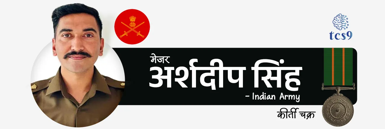 2026 मध्ये कीर्ती चक्र पुरस्काराने कोणाला गौरविण्यात आले ?
• 2026 मध्ये 3 व्यक्तींना कीर्ती चक्र (Kirti Chakra) पुरस्काराने गौरविण्यात आले
1. मेजर अर्शदीप सिंह (Major Arshdeep Singh) - Army
2. नायब सुभेदार डोलेश्वर सुब्बा (Naib Subedar Doleshwar Subba) - Army
3. ग्रुप कॅप्टन प्रशांत बालकृष्णन नायर (Group Captain Prasanth Balakrishnan Nair) - Air Force 