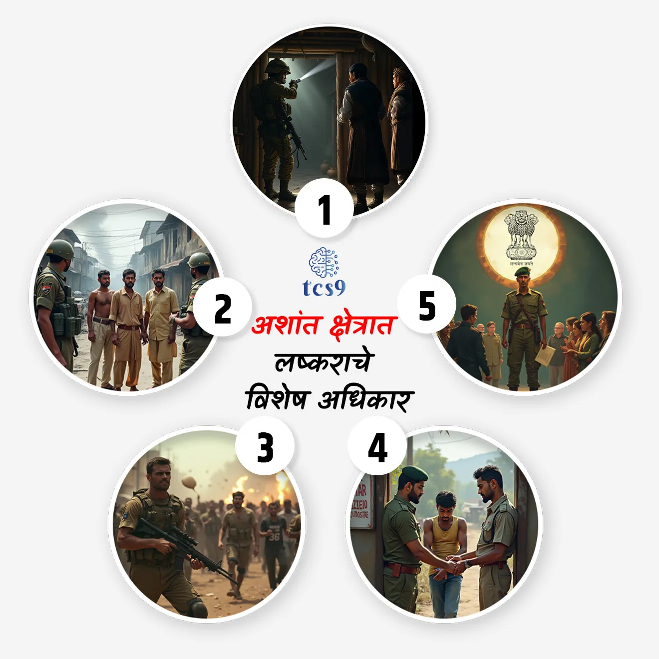 [ ashant shetrat lashkarache vishesh adhikar, warrant shivay atak, paanch kiva paachpeksha adhik lokana n jamu denyacha adhikaar, balacha vaapar karnyacha adhikaar, atak kelelya vyaktila polisankade sopavne, kaydeshir karvaipasun sanrakshan ]