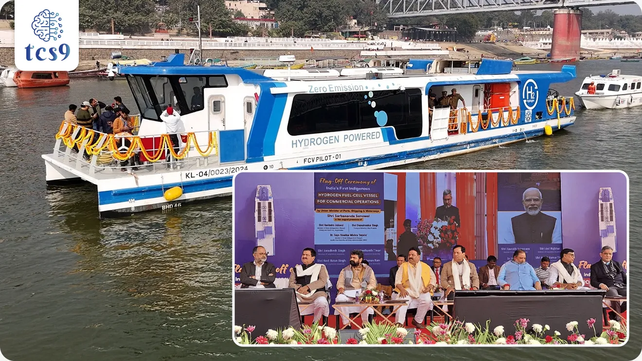 • भारताने वाराणसी येथे गंगेवर आपली पहिली पूर्णपणे स्वदेशी हायड्रोजन इंधन सेलवर चालणारी प्रवासी नौका व्यावसायिक सेवेत दाखल केली.
• यामुळे भारताने स्वच्छ आणि पर्यावरणास अनुकूल अंतर्गत जलवाहतुकीत (Inland Water Transport) मोठी झेप घेतली आहे.
🚢 भारताची पहिली स्वदेशी हायड्रोजन इंधन सेलवर चालणारी प्रवासी नौका कोणी तयार केली ?
• ही नौका कोचिन शिपयार्ड लिमिटेड (Cochin Shipyard Limited) यांनी विकसित केली असून, भारताच्या स्वदेशी जहाजबांधणी क्षमतेचे हे उत्तम उदाहरण आहे.
• या नौकेची पहिली व्यावसायिक फेरी नमो घाट, वाराणसी येथून सुरू झाली.
या नौकेची प्रमुख वैशिष्ट्ये कोणते ?
• ही 24 मीटर लांबीची, वातानुकूलित (AC) प्रवासी कॅटामरॅन नौका आहे.
• या नौकेत एकावेळी सुमारे 50 प्रवासी आरामात प्रवास करू शकतात.
• लो-टेम्परेचर PEM (Proton Exchange Membrane) फ्युएल सेल तंत्रज्ञानामुळे नौकेचा प्रवास शांत व कंपनरहित होतो.
• नौका चालताना फक्त पाणी बाहेर पडते, त्यामुळे गंगा नदीत कोणतेही प्रदूषण होत नाही.
• एकदा हायड्रोजन भरल्यानंतर ही नौका सुमारे 8 तास सतत चालू शकते.
• हायड्रोजन फ्युएल सेल, बॅटरी आणि सोलर पॅनल्स यांचा हायब्रिड वापर करून ऊर्जा कार्यक्षमता वाढवण्यात आली आहे.
• नौकेचा वेग सुमारे 6.5 नॉट्स असून तो सुरक्षित आणि ऊर्जा-बचत करणारा आहे.
• कॅटामरॅन रचनेमुळे नौका अधिक स्थिर राहते आणि प्रवाशांना चांगली जागा मिळते.
हायड्रोजन इंधन सेल म्हणजे काय ?
What is a Hydrogen Fuel Cell ?
• हायड्रोजन इंधन सेल ही अशी यंत्रणा आहे जी हायड्रोजन आणि ऑक्सिजन यांच्या रासायनिक अभिक्रियेतून वीज तयार करते.
• या प्रक्रियेतून वीज निर्मितीसोबत फक्त पाणी आणि उष्णता तयार होते.
• स्वच्छ पर्यायी इंधन पर्यायासाठी हायड्रोजन हे पृथ्वीवरील सर्वात मुबलक घटकांपैकी एक आहे.
हायड्रोजन इंधन सेल कसा कार्य करतो ?
How does a Hydrogen Fuel Cell work ?
• हायड्रोजन वायू अॅनोडमध्ये प्रवेश करतो.
• उत्प्रेरकाच्या मदतीने हायड्रोजनचे प्रोटॉन आणि इलेक्ट्रॉन वेगळे होतात.
• प्रोटॉन, मेंब्रेनमधून कॅथोडकडे जातात, तर इलेक्ट्रॉन बाह्य सर्किटमधून वाहून वीज निर्माण करतात.
• कॅथोडवर ऑक्सिजन, प्रोटॉन आणि इलेक्ट्रॉन एकत्र येऊन पाणी तयार होते.
हायड्रोजन इंधन सेलचे फायदे व उपयोग :
• हे तंत्रज्ञान शून्य प्रदूषण (Zero Emission) करते आणि पर्यावरणास अनुकूल आहे.
• पारंपरिक इंजिनांच्या तुलनेत याची ऊर्जा कार्यक्षमता जास्त असते.
• वाहन, बस, जहाजे, ड्रोन यांसारख्या वाहतुकीत तसेच इमारती व डेटा सेंटरसाठी वीजपुरवठ्यात याचा वापर होतो.