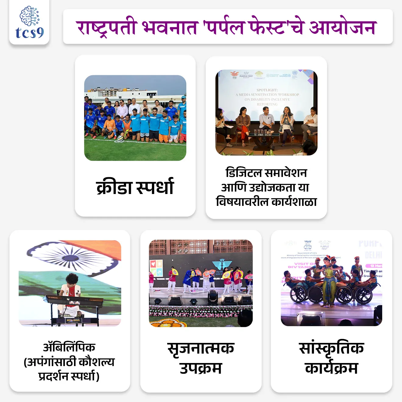 RASHTRAPATI BHAVAN HOSTS ‘PURPLE FEST’

Subject : GS - सरकारी योजना - उपक्रम

सरळसेवा, तलाठी, वनरक्षक, पोलीस भरती, अग्निवीर , रेल्वे भरती, SSC GD, MPSC, UPSC परीक्षेसाठी विचारलेले / संभाव्य महत्त्वपूर्ण  प्रश्न

प्रश्न) अलिकडेच राष्ट्रपती भवनात आयोजित 'पर्पल फेस्ट' महोत्सवाचा चा मुख्य उद्देश काय आहे ? 

1. समाजात महिलांना समजून घेणे, स्वीकृती देणे आणि त्यांचा समावेश वाढवणे.
2. समाजात ट्रान्सजेंडर लोकांना समजून घेणे, स्वीकृती देणे आणि त्यांचा समावेश वाढवणे.
3. समाजात दिव्यांग व्यक्तींना समजून घेणे, स्वीकृती देणे आणि त्यांचा समावेश वाढवणे.
4. समाजात वृद्ध व्यक्तींना समजून घेणे, स्वीकृती देणे आणि त्यांचा समावेश करणे.

उत्तर : समाजात दिव्यांग व्यक्तींना समजून घेणे, स्वीकृती देणे आणि त्यांचा समावेश वाढवणे.


बातमी काय ? 

• नवी दिल्ली येथे राष्ट्रपती भवनातील अमृत उद्यानात दिव्यांगजनांची प्रतिभा, कर्तृत्व आणि आकांक्षांचा गौरव करणारा, 'पर्पल फेस्ट' हा एक दिवसीय महोत्सव आयोजित करण्यात आला होता.
• या कार्यक्रमात टाटा पॉवर, अमेरिकन इंडिया फाउंडेशन, द हंस फाउंडेशन, टेक महिंद्रा फाउंडेशन आणि इतर प्रमुख भागधारकांसोबत अभूतपूर्व भागीदारी (collaborations) देखील झाली. 
• ही भागीदारी  शिक्षण, कौशल्य, रोजगार आणि सुलभतेवर लक्ष केंद्रित करून दिव्यांगजनांच्या जीवनात शाश्वत आणि चांगला बदल घडवण्यासाठी योगदान देईल. 

🧐 पर्पल फेस्ट महोत्सवाचे आयोजन कोणत्या मंत्रालयातर्फे करण्यात आले ? 
• भारत सरकारच्या सामाजिक न्याय आणि सक्षमीकरण मंत्रालयातर्फे (Union Ministry of Social Justice and Empowerment) 
पर्पल फेस्ट महोत्सवाचे आयोजन करण्यात आले. 

🤔 पर्पल फेस्ट महोत्सवाचे उद्दिष्ट कोणते ? 
🤔 पर्पल फेस्ट महोत्सव का आयोजित करण्यात येतो ? 
• विविध प्रकारचे अपंगत्व आणि लोकांच्या जीवनावर होणाऱ्या त्याच्या परिणामांविषयी जनजागृती करणे आणि
• समाजात दिव्यांग व्यक्तींचा स्वीकार आणि समावेश याबद्दल समज वाढवणे, हे  'पर्पल फेस्ट' या महोत्सवाचे उद्दिष्ट आहे.
• पर्पल फेस्ट' हा दिव्यांग व्यक्तींच्या समावेश, सक्षमीकरण आणि समानतेच्या दिशेने एक महत्त्वाचा उपक्रम आहे.

पर्पल फेस्ट महोत्सवात आयोजित उपक्रम : 
• क्रीडा स्पर्धा
• डिजिटल समावेशन आणि उद्योजकता या विषयावरील कार्यशाळा
• अ‍ॅबिलिंपिक (अपंगांसाठी कौशल्य प्रदर्शन स्पर्धा)
• सृजनात्मक उपक्रम
• सांस्कृतिक कार्यक्रम