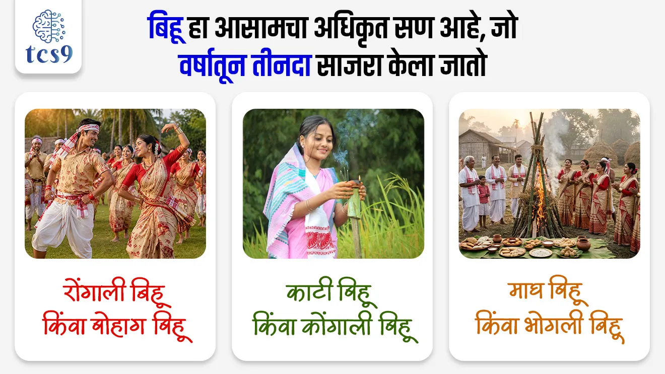 Rongali Bihu


📚 Subject : GS - इतिहास- कला आणि संस्कृती, सण आणि उत्सव 

सरळसेवा, तलाठी, वनरक्षक, पोलीस भरती, अग्निवीर , रेल्वे भरती, SSC GD, MPSC, UPSC परीक्षेसाठी विचारलेले / संभाव्य महत्त्वपूर्ण  प्रश्न


प्रश्न) 'रोंगाली बिहू' हा आसाममधील प्रमुख सणांपैकी एक आहे जो ------- महिन्यात साजरा केला जातो.
(SSC GD, SSC CHSL 2020)

1. मार्च
2. एप्रिल
3. जून
4. ऑक्टोबर

उत्तर : एप्रिल

बातमी काय ?
• पंतप्रधान श्री. नरेंद्र मोदी यांनी रोंगाली बिहू  निमित्त जनतेला  शुभेच्छा दिल्या.
• आसाममध्ये 14 ते 20 एप्रिल 2026 दरम्यान रोंगाली बिहू सण साजरा केला जात आहे.

रोंगाली बिहू सणा बद्दल परीक्षेसाठी IMP वनलाईनर पॉईंट्स : 
• रोंगाली बिहू ला बोहाग बिहू म्हणूनही ओळखले जाते.
• हा सण वसंत ऋतूच्या आगमनाचे प्रतीक आहे.
• "रोंगाली" हे नाव 'रोंग' या शब्दापासून आले आहे, ज्याचा अर्थ आनंद किंवा उत्सव असा होतो.
• हा सण आसामी नवीन वर्ष आणि कृषी हंगामाची सुरुवात म्हणून संपूर्ण आसाममध्ये साजरा केला जातो.
• या उत्सवात बिहू नृत्य पारंपारिक वाद्यांच्या तालावर सादर केले जाते.
• हा सण पेरणीच्या हंगामाच्या सुरुवातीला साजरा केला जातो, जेव्हा शेतकरी नवीन पिकांसाठी जमीन तयार करतात.

आसाममध्ये बिहू सण वर्षातून किती वेळा साजरा केला जातो ?
(SSC CGL 2023)
• बिहू हा आसामचा अधिकृत सण आहे, जो वर्षातून तीनदा साजरा केला जातो.

1) रोंगाली बिहू किंवा बोहाग बिहू :
• एप्रिलमध्ये साजरा केला जातो.
• आसामी नवीन वर्ष, पेरणीच्या हंगामाच्या सुरुवातीला साजरा केला जातो

2) काटी बिहू किंवा कोंगाली बिहू : 
• ऑक्टोबरमध्ये साजरा केला जातो.
• कापणीच्या हंगामाच्या मध्यात, चांगल्या कापणीसाठी प्रार्थना करतात.

3) माघ बिहू किंवा भोगली बिहू :
• जानेवारीमध्ये साजरा केला जातो.
• आसामचा पीक कापणी चा म्हणजेच सुगीचा सण आहे.
• हा सण चांगल्या पिकासाठी देवांचे आभार मानतो.