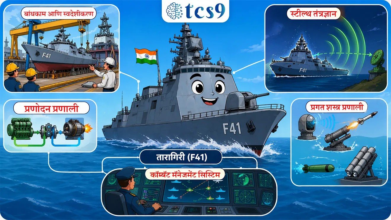 📚 Subject : GS - संरक्षण
सरळसेवा, तलाठी, वनरक्षक, पोलीस भरती, अग्निवीर , रेल्वे भरती, SSC GD, MPSC, UPSC परीक्षेसाठी विचारलेले / संभाव्य महत्त्वपूर्ण प्रश्न
प्रश्न) ‘तारागिरी (F41)’ कोणत्या श्रेणीची युद्धनौका आहे ?
1. स्टेल्थ फ्रिगेट
2. डेस्ट्रॉयर
3. एंटी-सबमरीन वॉरफेयर शॅलो वॉटर क्राफ्ट
4. ऑफशोअर पॅट्रोल व्हेसेल
उत्तर : स्टेल्थ फ्रिगेट
📰 बातमी काय ?
• भारतीय नौदल 03 एप्रिल 2026 रोजी ‘तारागिरी (F41)’ या स्टेल्थ फ्रिगेटचे विशाखापट्टणम येथे सेवेत दाखल (commissioning) करणार आहे.
🤔 ‘तारागिरी (F41)’ काय आहे?
• ‘तारागिरी’ ही Project 17A अंतर्गत विकसित करण्यात आलेली एक आधुनिक स्टेल्थ गाइडेड-मिसाइल फ्रिगेट आहे.
• ही युद्धनौक समुद्र, हवा आणि पाण्याखालील (sub-surface) धोके ओळखून त्यावर कारवाई करू शकते.
🛡️ फ्रिगेट (Frigate) म्हणजे काय ?
• लांब पल्ल्याच्या ताफा संरक्षणासाठी तयार केलेली बहुउद्देशीय युद्धनौका, जी पृष्ठभाग, आकाश आणि पनडुब्बी या तिन्ही धोक्यांवर काम करू शकते.
🎯 हा प्रकल्प का महत्त्वाचा आहे?
• हा प्रकल्प भारताच्या आत्मनिर्भर भारत (Aatmanirbhar Bharat) उपक्रमाचा एक महत्त्वाचा भाग आहे.
• यामुळे भारताची संरक्षण क्षेत्रातील आयातीवरील अवलंबित्व कमी होऊन स्वदेशी उत्पादनाला चालना मिळते.
⚙️ बांधकाम आणि स्वदेशीकरण :
• ही युद्धनौक माझगाव डॉक शिपबिल्डर्स लिमिटेड - मुंबई (Mazagon Dock Shipbuilders Limited) येथे तयार करण्यात आली आहे.
• यामध्ये सुमारे 75% स्वदेशी घटक वापरण्यात आले असून 200 पेक्षा जास्त MSMEs यामध्ये सहभागी आहेत.
🚢 ‘तारागिरी (F41)’ स्टेल्थ फ्रिगेटचे मुख्य वैशिष्ट्ये कोणते ?
🛡️ स्टील्थ तंत्रज्ञान :
• प्रगत रडार-शोषक कोटिंग आणि डिझाइनमुळे रडारवर या युद्धनौकेची उपस्थिती ओळखणे शत्रूला कठीण जाते (Reduced Radar Cross Section).
🦾 मोठी क्षमता (~6,670 टन):
• अधिक शस्त्रे, इंधन आणि उपकरणे वाहून नेण्याची क्षमता
🛢️प्रणोदन प्रणाली (Propulsion): CODOG (Combined Diesel or Gas)
• यात डिझेल इंजिनचा वापर इंधन बचतीसाठी आणि गॅस टर्बाइनचा वापर वेगवान हालचालींसाठी केला जातो.
💣 प्रगत शस्त्र प्रणाली :
• प्रगत सोनार यंत्रणा, टॉरपीडो आणि रॉकेट लॉन्चर्स.
🥷🏼 कॉम्बॅट मॅनेजमेंट सिस्टिम :
• सर्व सेन्सर्स आणि शस्त्रे एकाच इंटरफेसशी जोडलेली असल्याने रिअल-टाइम माहिती आणि जलद निर्णय घेणे शक्य होते.
🎯 या युद्धनौकेचे महत्त्व -
• हिंदी महासागर क्षेत्र (IOR): वाढत्या भौगोलिक स्पर्धेच्या काळात भारताची सागरी सुरक्षा आणि वर्चस्व टिकवून ठेवण्यासाठी अत्यंत प्रभावी.
• निळी अर्थव्यवस्था (Blue Economy): भारताचा सागरी व्यापार सुरक्षित ठेवण्यासाठी महत्त्वाची भूमिका.
• बहुआयामी भूमिका : केवळ युद्धच नव्हे तर 'मानवतावादी सहाय्य आणि आपत्ती निवारण' (HADR) मोहिमांसाठीही ही नौका सज्ज आहे.
🔑 परीक्षेच्या दृष्टीने IMP रिव्हिजन पॉईंट्स : Taragiri (F41)
• ‘तारागिरी (F41)’ — स्टेल्थ फ्रिगेट (Project 17A)
• बांधकाम — माझगाव डॉक शिपबिल्डर्स लिमिटेड
• स्वदेशी घटक — ~75%
• क्षमता — ~6,670 टन