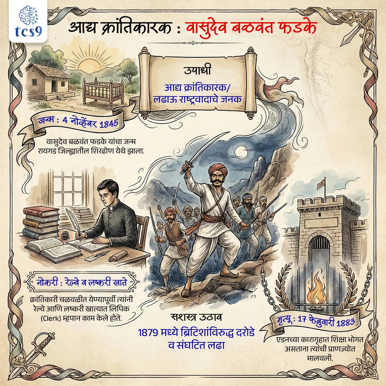 जन्म , शिक्षण आणि नोकरी :
• वासुदेव बळवंत फडके यांचा जन्म 4 नोव्हेंबर 1845 रोजी महाराष्ट्राच्या रायगड जिल्ह्यातील शिरढोण या गावी झाला.
• त्यांचे प्राथमिक शिक्षण शिरढोण येथे झाले.
• त्यांचे माध्यमिक शिक्षण कल्याण, मुंबई, पुणे या ठिकाणी झाले.
• कौटुंबिक आर्थिक परिस्थितीमुळे त्यंनी पुढील शिक्षण सोडले आणि नोकरीला सुरुवात केली.
वासुदेव बळवंत फडके हे कोणत्या खात्यात लिपिक होते ?
(MPSC combine 2018)
• वासुदेव बळवंत फडके हे सुरुवातीला रेल्वे खात्यात लिपिक होते.
• त्यानंतर त्यांनी लष्करी खात्यात लेखा विभागात कार्य केले.
• वेळेवर रजा मंजूर न झाल्यामुळे आजारी आईची भेट झाली नाही, त्यामुळे त्यांनी नोकरी सोडून दिली.
स्वातंत्र्यासाठी सशस्त्र लढा उभारला :
• पुढे पुण्यात क्रांतिवीर वासुदेव बळवंत फडके यांची भेट क्रांतिगुरू लहुजी वस्ताद साळवे यांच्यासोबत झाल्यानंतर स्वातंत्र्यासाठी सशस्त्र सेना उभी करण्याची इच्छा त्यांच्या मनात प्रबळ झाली.
• रामोशी, कोळी, मांग, मुसलमान यांच्या मदतीने त्यांनी आदिवासींची फौज संघटित केली.
• स्वातंत्र्यासाठी, ब्रिटिश सरकारी खजिना लुटून पैसा उभारावयाचा आणि नव्या टोळ्या उभारून सरकारला हैराण करून सोडायचे, असा क्रांतिवीर वासुदेव बळवंत फडके यांचा विचार होता.
• 20 फेब्रुवारी 1879 ला क्रांतिवीर वासुदेव बळवंत फडके आणि त्यांच्या फौजेने दरोडे टाकले.
• दौलतराव नाईक यांच्या मदतीने लोणी जवळ धामारी गावाजवळ पहिला दरोडा घातला त्यात 3000 रुपये मिळविले.
‘लढाऊ राष्ट्रवादाचे जनक’ कोणाला म्हणतात ? आणि का ?
• क्रांतीवीर वासुदेव बळवंत फडके यांनी ब्रिटिश सरकारविरुद्ध स्वातंत्र्यासाठी जो सशस्त्र लढा पुकारला, तो एकाकी होता.
• त्यांना पुरेसे अनुयायी लाभले नाहीत व शस्त्रसामग्रीही मिळाली नाही;
• तरीसुद्धा भारतात त्यांनी सशस्त्र लढ्याची मुहूर्तमेढ रोवली.
• ही सशस्त्र उठावाची चळवळ पुढे विसाव्या शतकाच्या पूर्वार्धात देशभर पसरली.
• म्हणून क्रांतीवीर वासुदेव बळवंत फडके यांना ‘लढाऊ राष्ट्रवादाचे जनक’ म्हणतात.
• त्यांना भारतीय सशस्त्र बंडाचे जनक ('Father of the Indian Armed Rebellion) म्हणूनही ओळखले जाते.
फितुरीमुळे क्रांतिवीर वासुदेव बळवंत फडके पकडले गेले :
• सरकारने त्यांना पकडण्यासाठी बक्षीस जाहीर केले आणि त्यांना पकडण्यासाठी मेजर डॅनियल ला मोहिमेवर धाडले.
• फितुरीमुळे ब्रिटिशांना क्रांतिवीर वासुदेव बळवंत फडके यांचा ठावठिकाणा मिळाला.
• 23 जुलै 1879 ला विजापूर जवळील देवर नावडगी या गावच्या बाहेर बौद्ध विहार मध्ये गाढ झोपेत असताना त्यांना अटक करण्यात आली.
• पुणे येथे त्यांच्यावर खटला चालविण्यात आला.
• ग. वा. जोशी (सार्वजनिक काका) यांनी त्यांचे वकीलपत्र घेतले.
• उच्च न्यायालयात त्यांच्या बचावाचे काम महादेव चिमाजी आपटे यांनी केले.
ब्रिटिशांनी वासुदेव बळवंत फडके यांना कोणत्या कारागृहात ठेवले होते ?
(MPSC STI 2013)
• क्रांतिवीर वासुदेव बळवंत फडके यांना जन्मठेपेची – काळ्या पाण्याची शिक्षा फर्मावली.
• 3 जानेवारी 1880 रोजी तेहरान बोटीने त्यांना यमन देशातील एडन या ठिकाणी पाठवण्यात आले.
• ब्रिटिशांनी वासुदेव बळवंत फडके यांना एडनच्या कारागृहात ठेवले होते.
मृत्यू :
• तुरुंगातील हाल, एडनची उष्ण हवा यांमुळे क्रांतिवीर वासुदेव बळवंत फडके यांची प्रकृती बिघडली.
• 17 फेब्रुवारी 1883 रोजी एडनच्या कारागृहात त्यांचे निधन झाले.
🔑 परीक्षेच्या दृष्टीने IMP रिव्हिजन पॉईंट्स : आद्य क्रांतिकारक वासुदेव बळवंत फडके
• जन्म — 4 नोव्हेंबर 1845, शिरढोण (रायगड)
• उपाधी — आद्य क्रांतिकारक / लढाऊ राष्ट्रवादाचे जनक
• नोकरी — रेल्वे व लष्करी खात्यात लिपिक
• सशस्त्र उठाव — 1879 मध्ये ब्रिटिशांविरुद्ध दरोडे व संघटित लढा
• शिक्षा व मृत्यू — एडन कारागृह, 17 फेब्रुवारी 1883